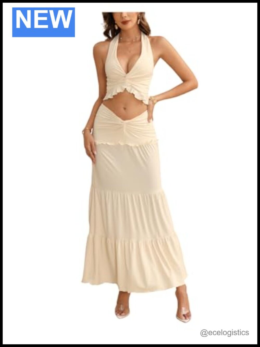 2 Piece Halter Crop Top & Ruffle Maxi Skirt Set Sleeveless
